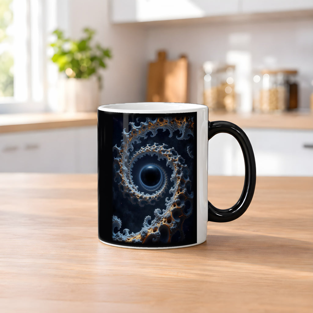 Die Spirale – Black Edition Zaubertasse mit Motiv (heiß), auf dem Küchentresen