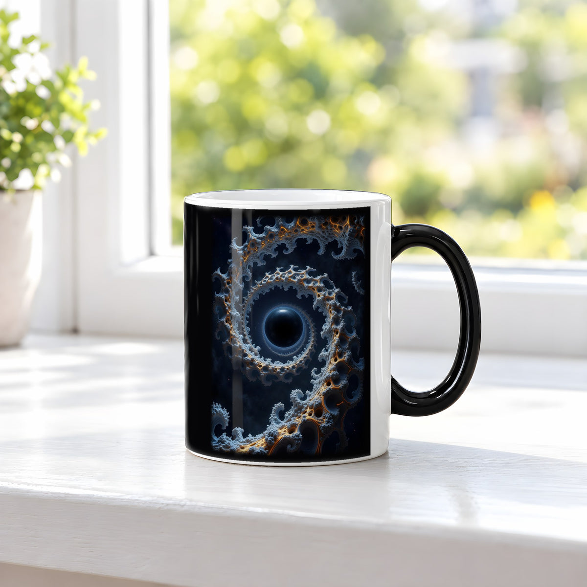 Die Spirale – Black Edition Zaubertasse mit Motiv (heiß), auf der Fensterbank