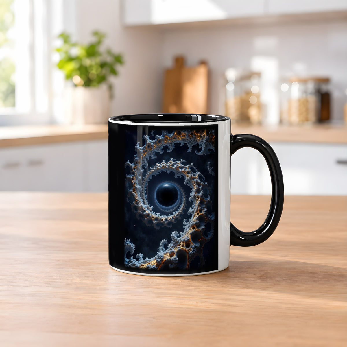 Die Spirale – Tasse innen schwarz, auf dem Küchentresen