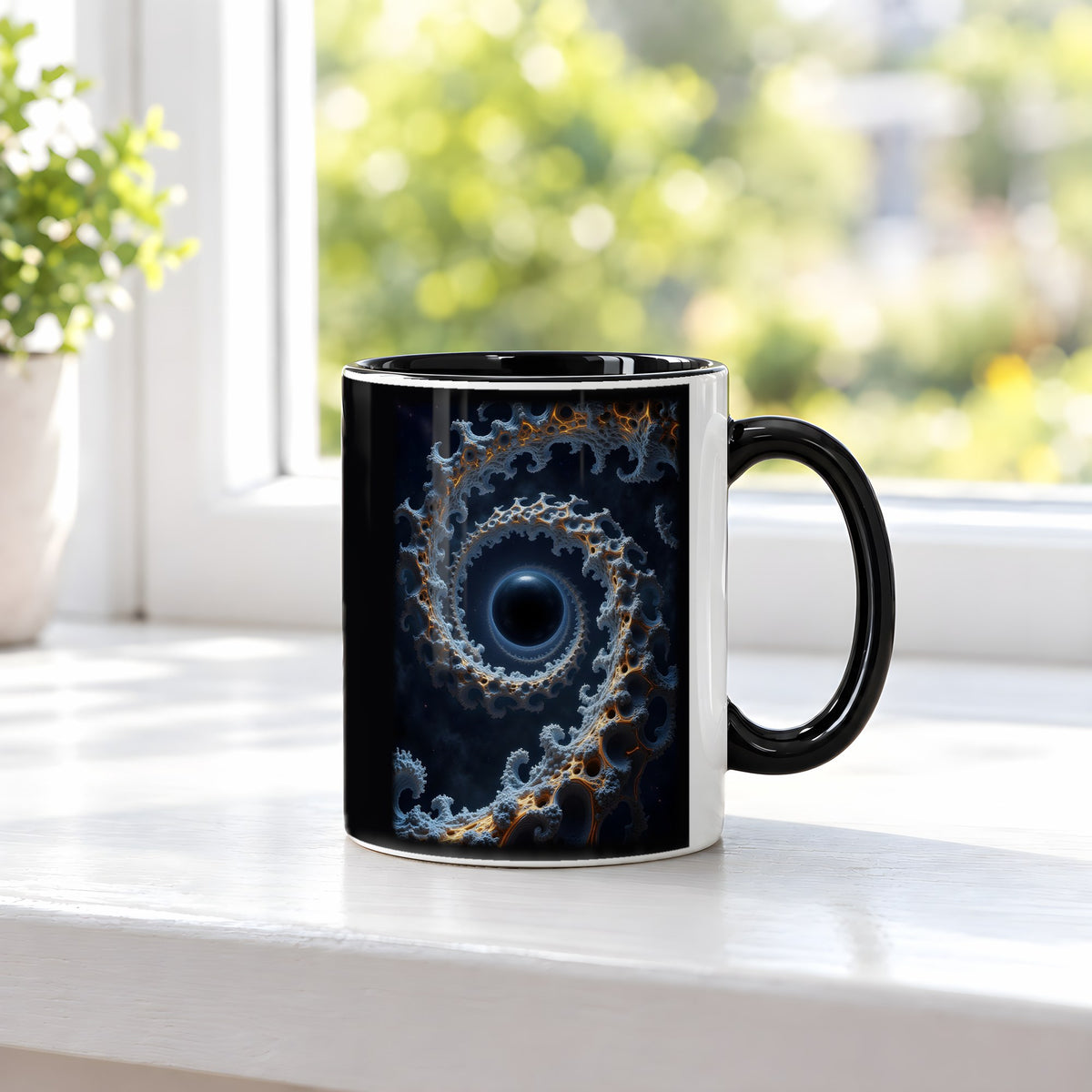 Die Spirale – Tasse innen schwarz, auf der Fensterbank