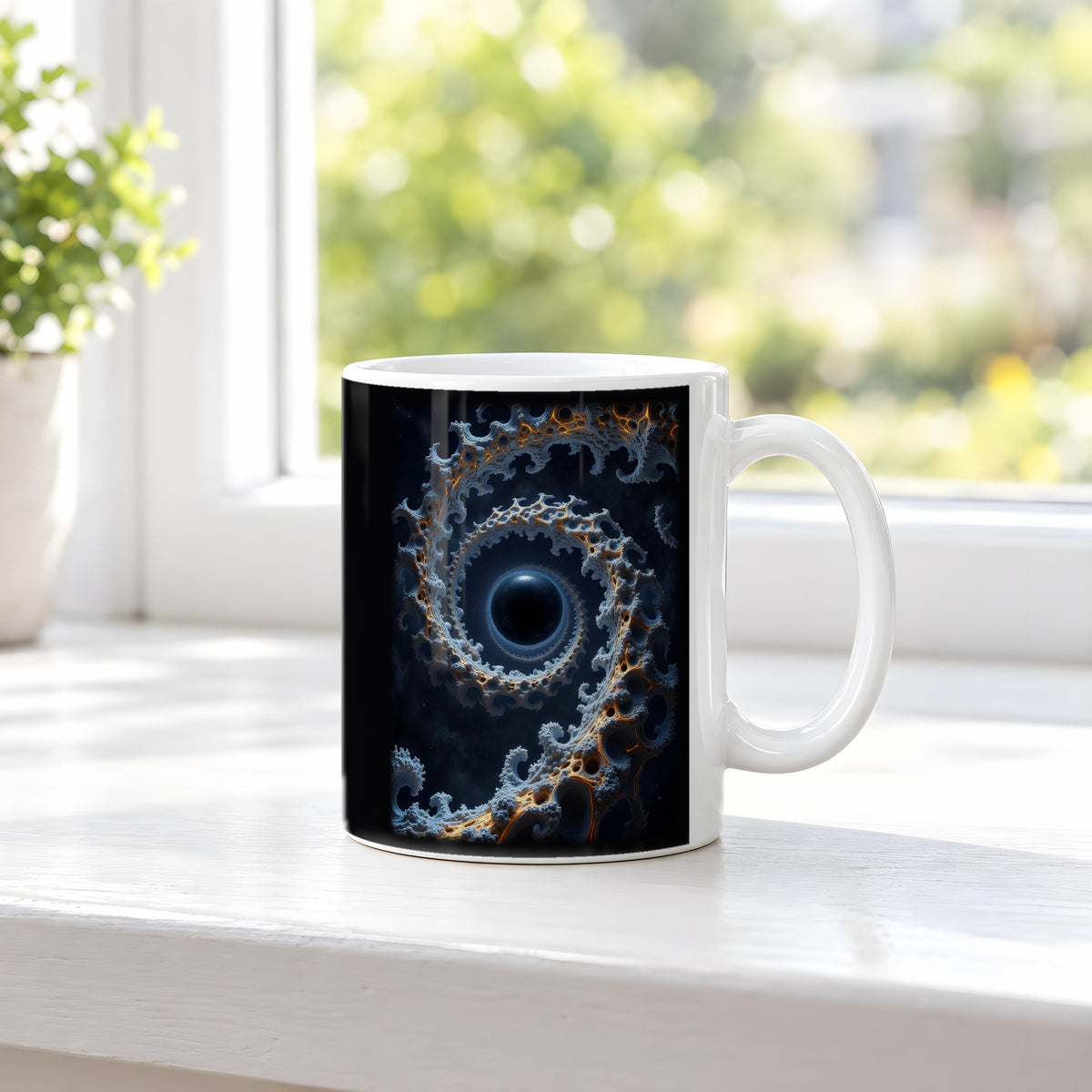 Die Spirale – weiße Tasse, auf der Fensterbank