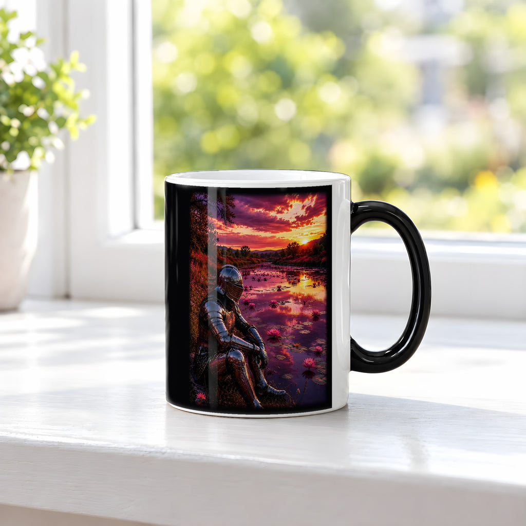 Der Seerosenteich – Black Edition Zaubertasse mit Motiv (heiß), auf der Fensterbank