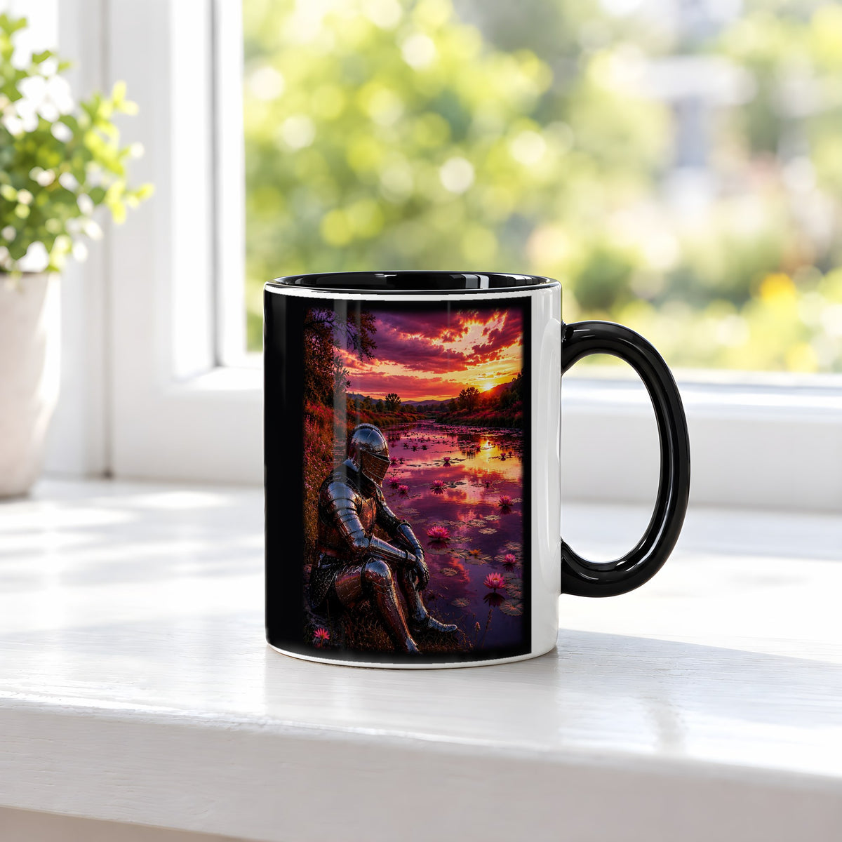 Der Seerosenteich – Tasse innen schwarz, auf der Fensterbank