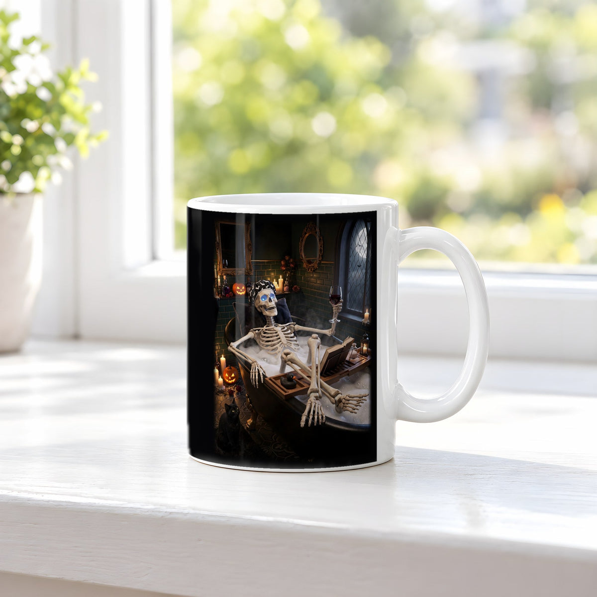 Das Schaumbad – weiße Tasse, auf der Fensterbank