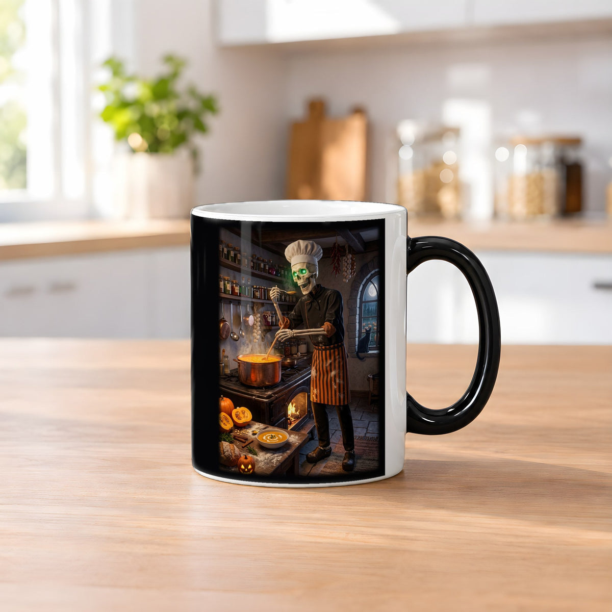 Der Suppenkoch – Black Edition Zaubertasse mit Motiv (heiß), auf dem Küchentresen