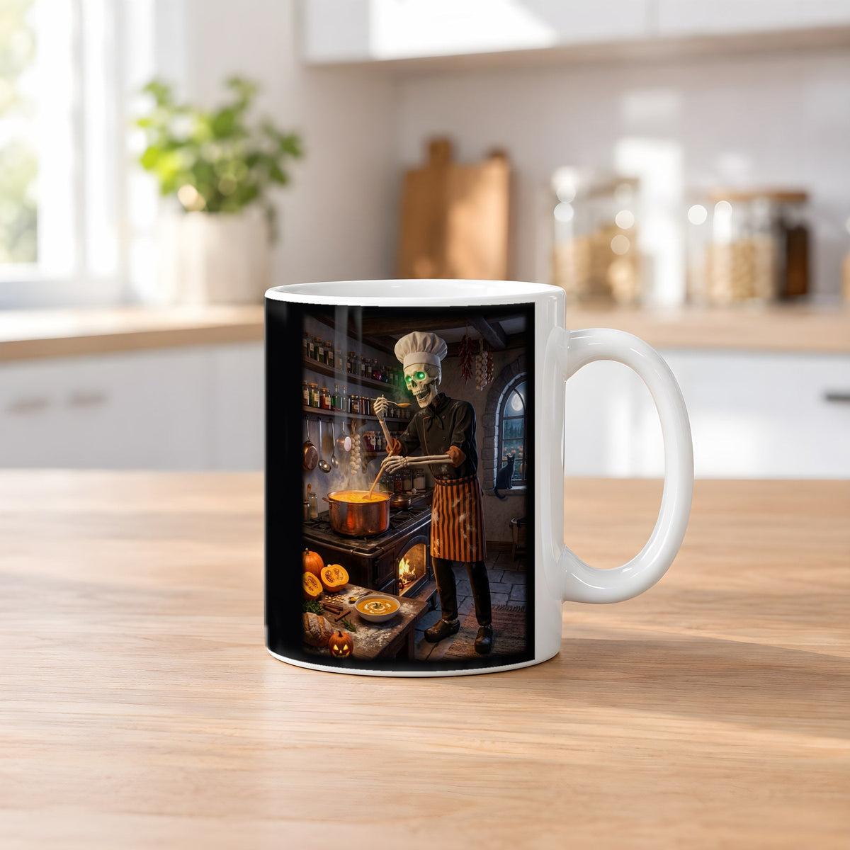 Der Suppenkoch – weiße Tasse, auf dem Küchentresen