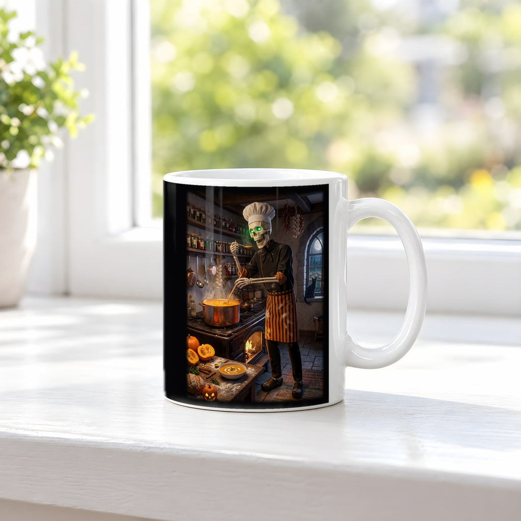 Der Suppenkoch – weiße Tasse, auf der Fensterbank