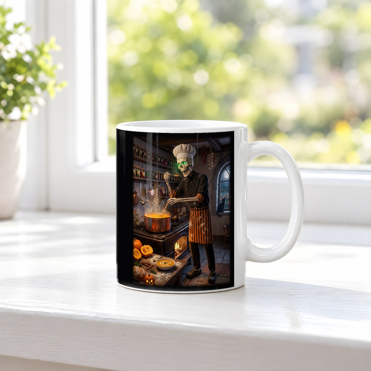 Der Suppenkoch – weiße Tasse, auf der Fensterbank