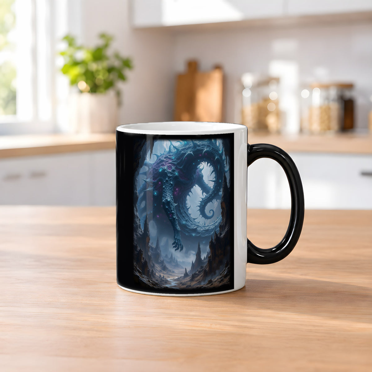Die Scherbenschlange – Black Edition Zaubertasse mit Motiv (heiß), auf dem Küchentresen