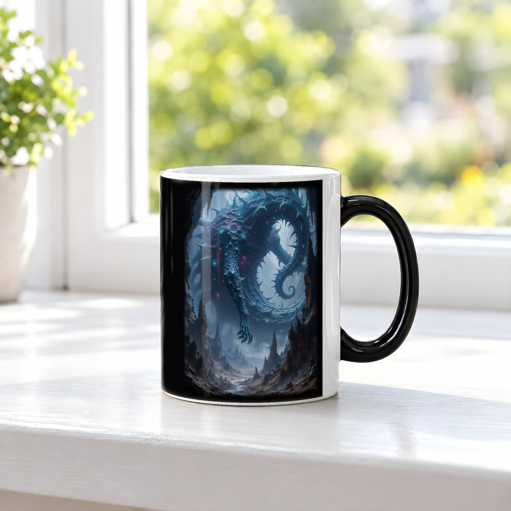 Die Scherbenschlange – Black Edition Zaubertasse mit Motiv (heiß), auf der Fensterbank