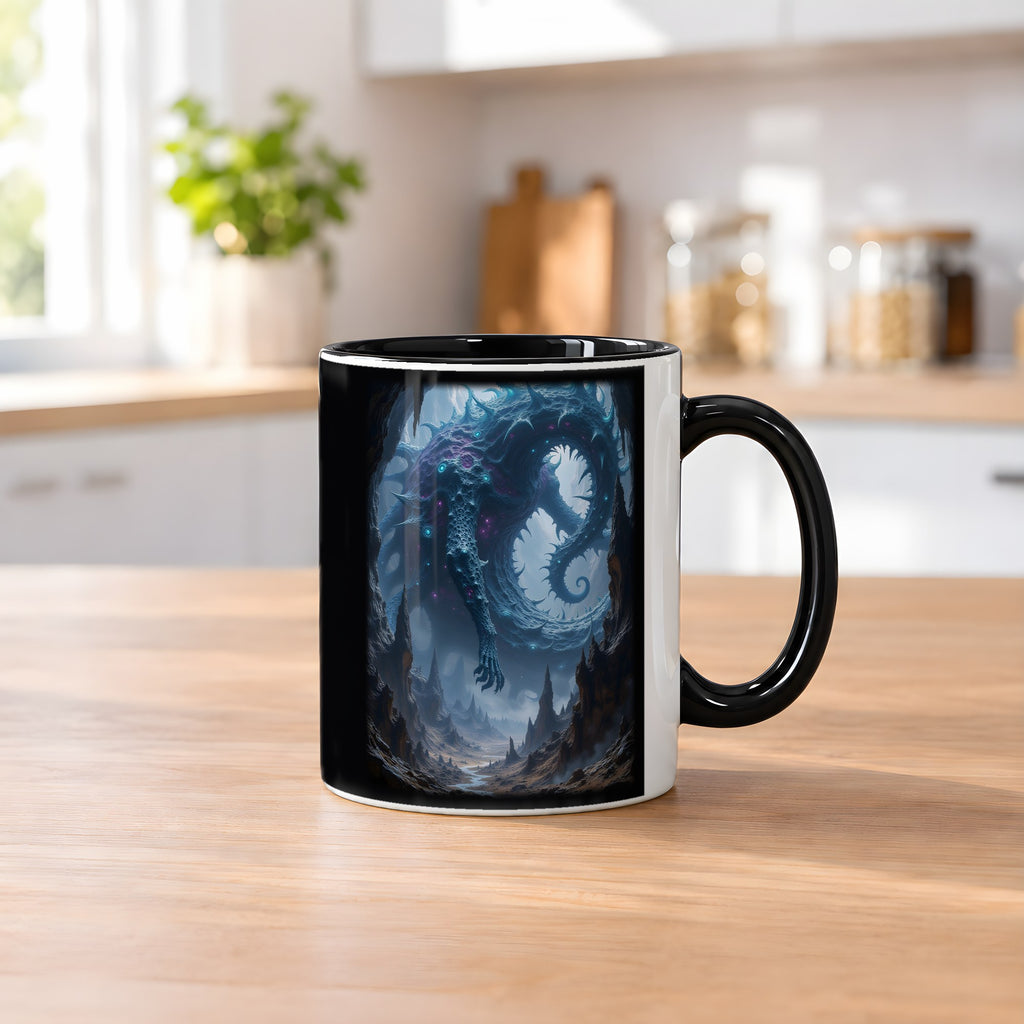 Die Scherbenschlange – Tasse innen schwarz, auf dem Küchentresen