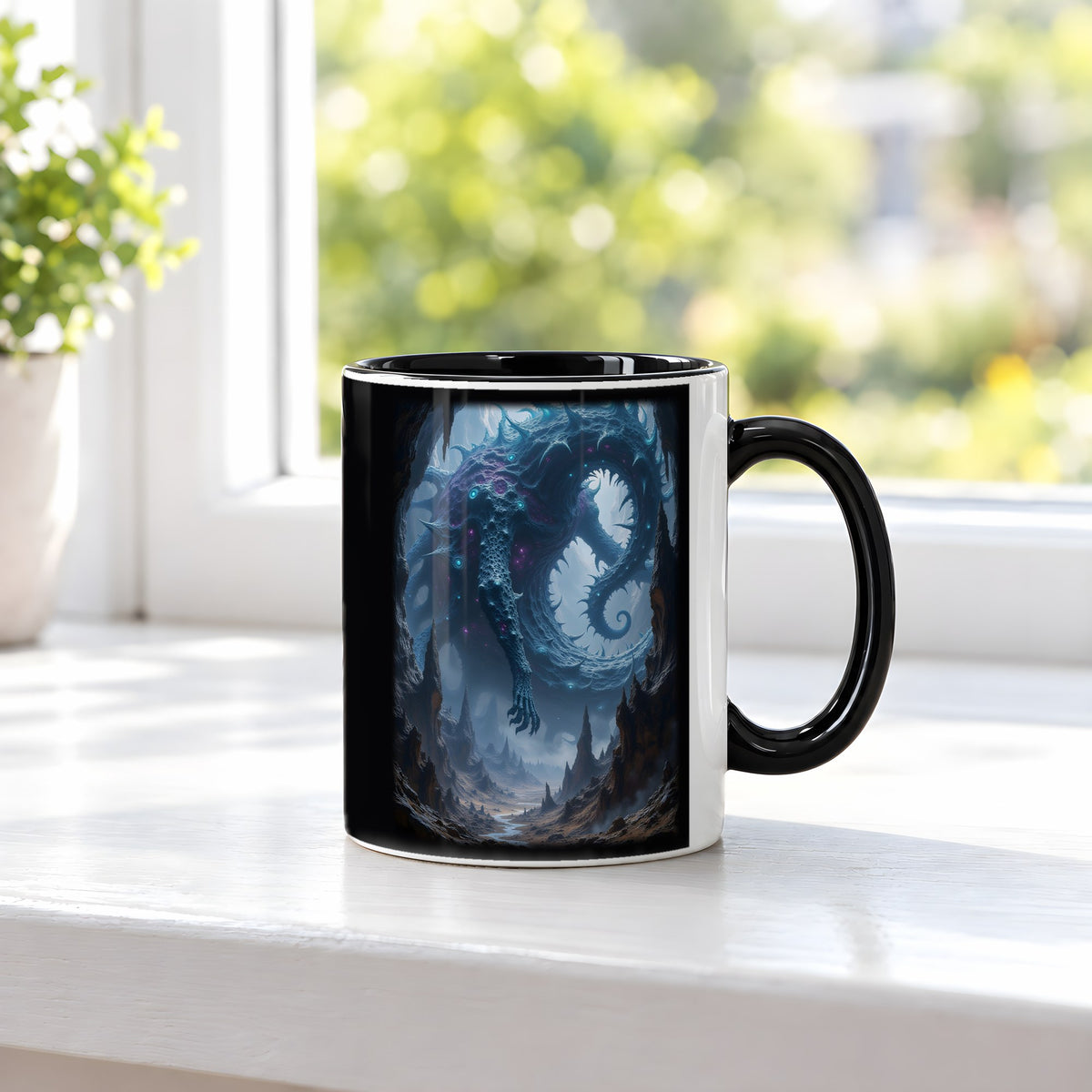 Die Scherbenschlange – Tasse innen schwarz, auf der Fensterbank