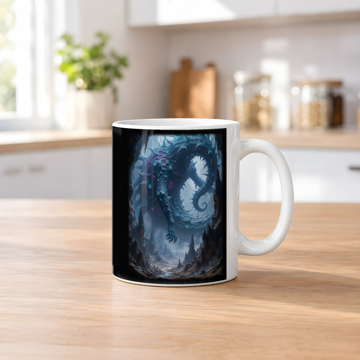 Die Scherbenschlange – weiße Tasse, auf dem Küchentresen