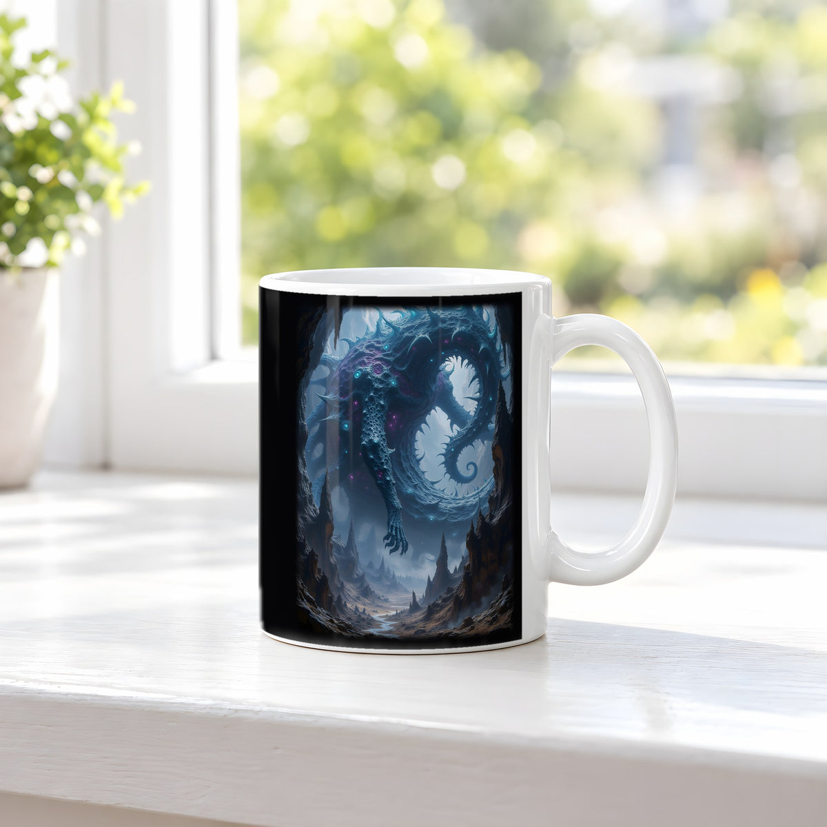 Die Scherbenschlange – weiße Tasse, auf der Fensterbank