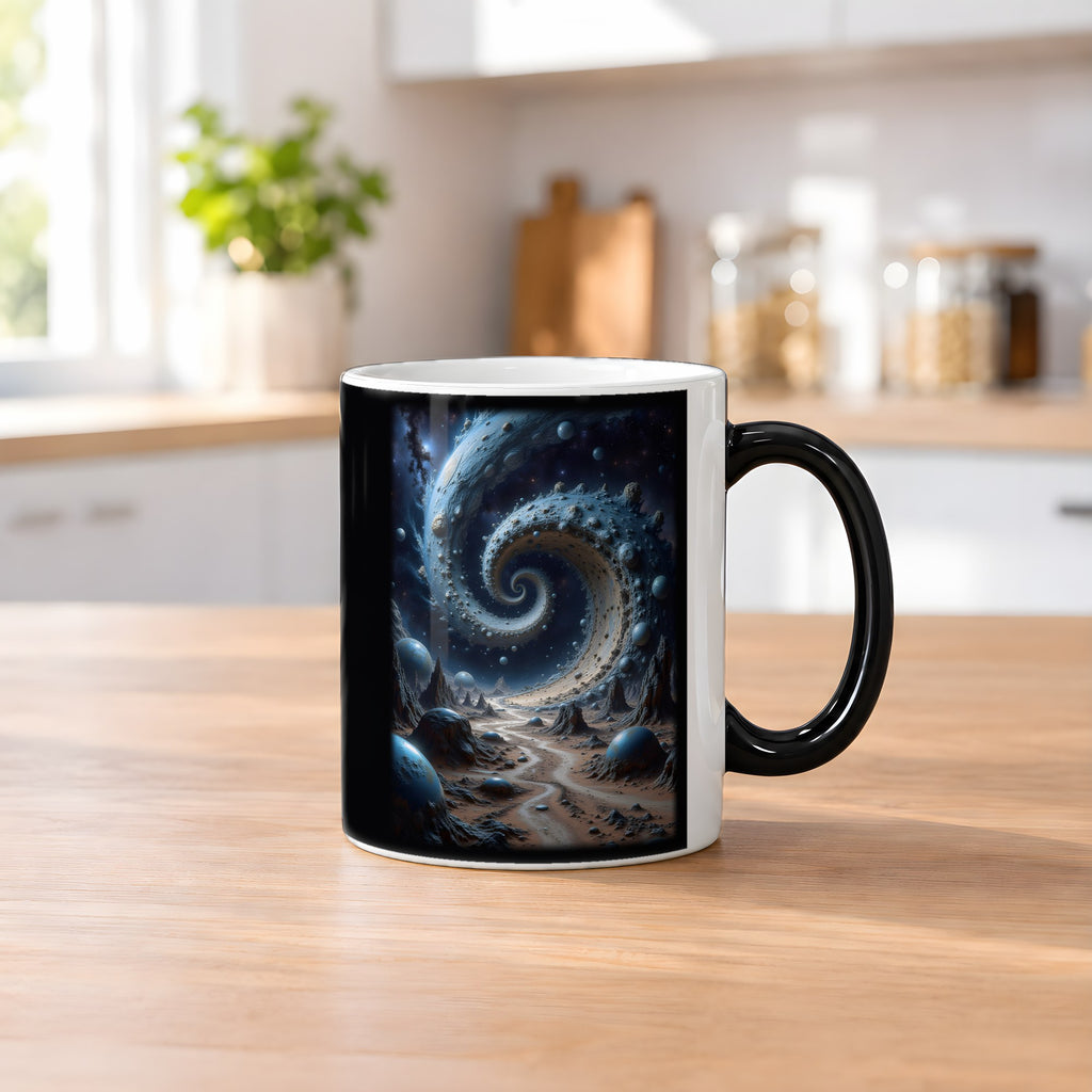 Der Sternenstrudel – Black Edition Zaubertasse mit Motiv (heiß), auf dem Küchentresen