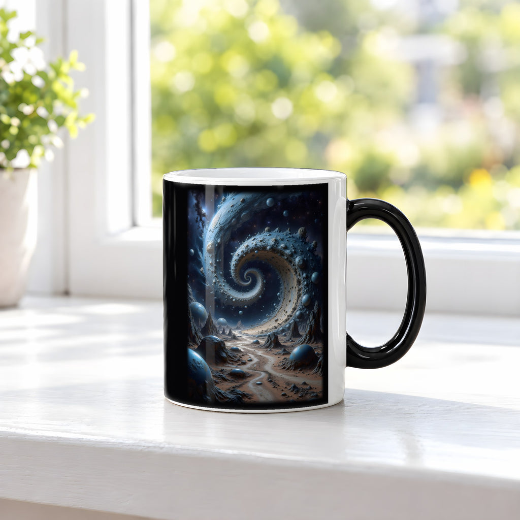 Der Sternenstrudel – Black Edition Zaubertasse mit Motiv (heiß), auf der Fensterbank