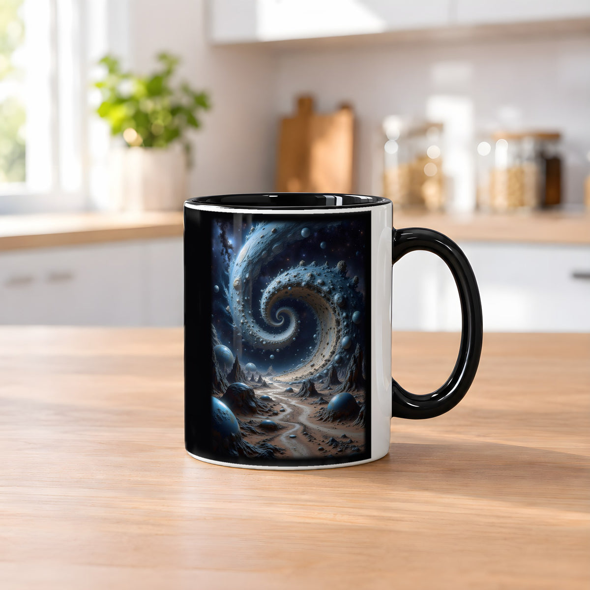 Der Sternenstrudel – Tasse innen schwarz, auf dem Küchentresen