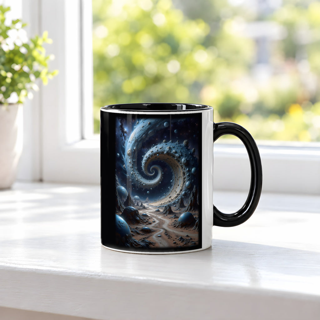 Der Sternenstrudel – Tasse innen schwarz, auf der Fensterbank