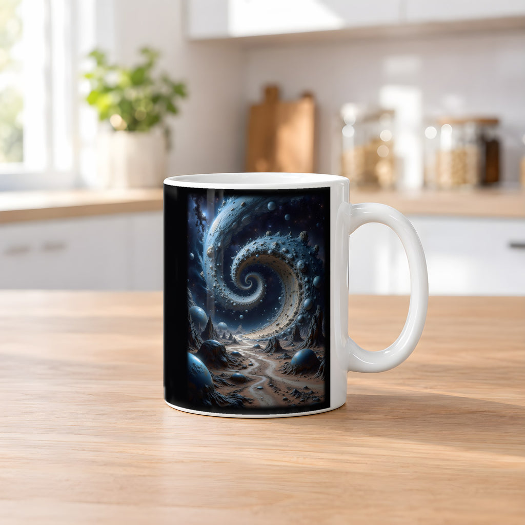 Der Sternenstrudel – weiße Tasse, auf dem Küchentresen