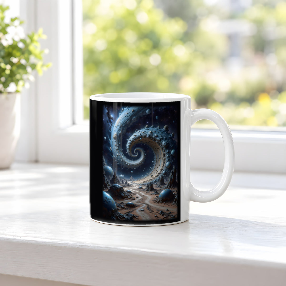 Der Sternenstrudel – weiße Tasse, auf der Fensterbank