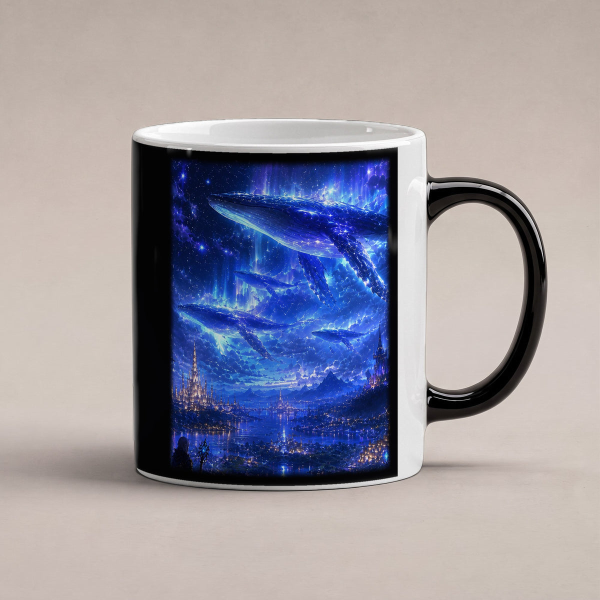 Sternenwale – Black Edition Zaubertasse mit Motiv (heiß), freigestellt
