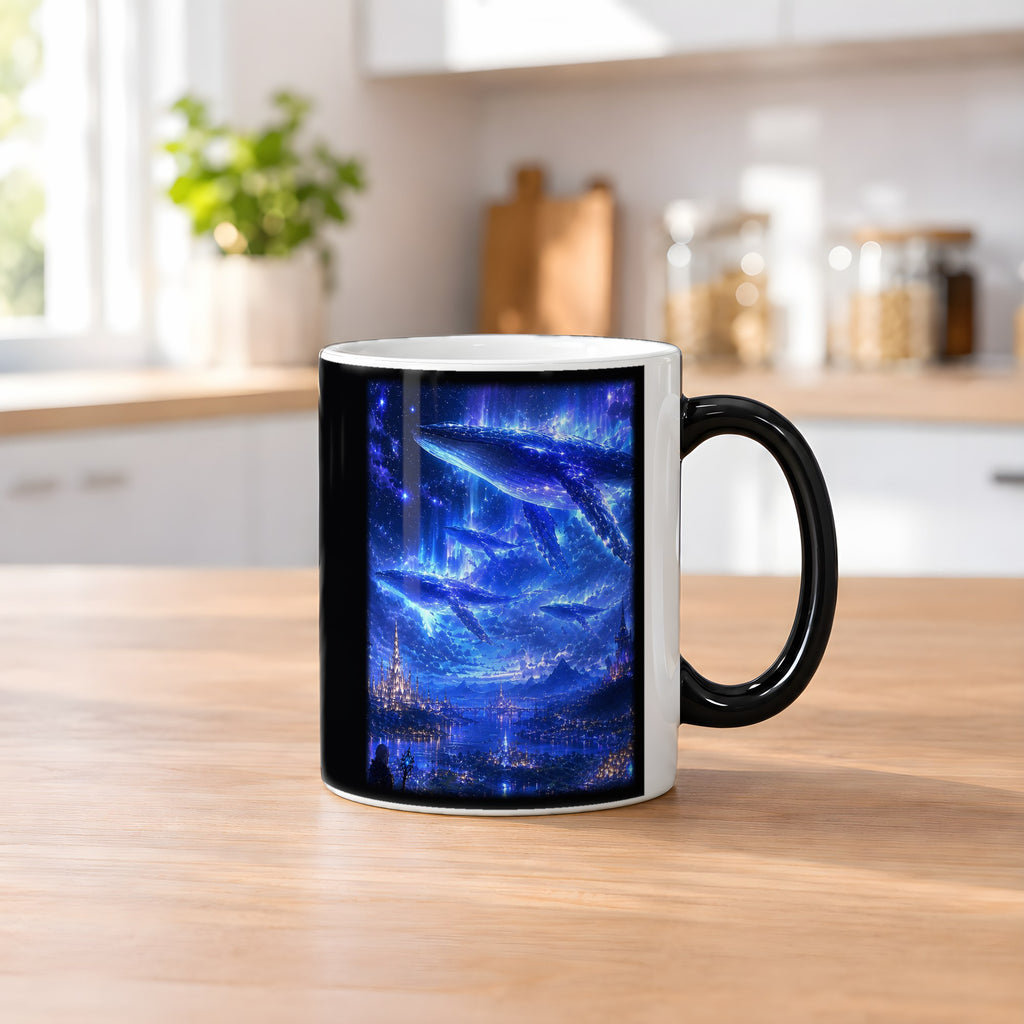Sternenwale – Black Edition Zaubertasse mit Motiv (heiß), auf dem Küchentresen