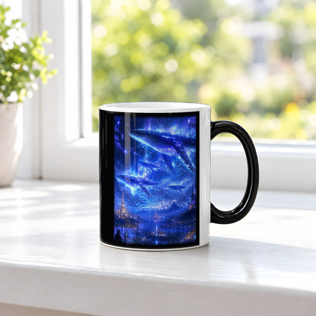 Sternenwale – Black Edition Zaubertasse mit Motiv (heiß), auf der Fensterbank