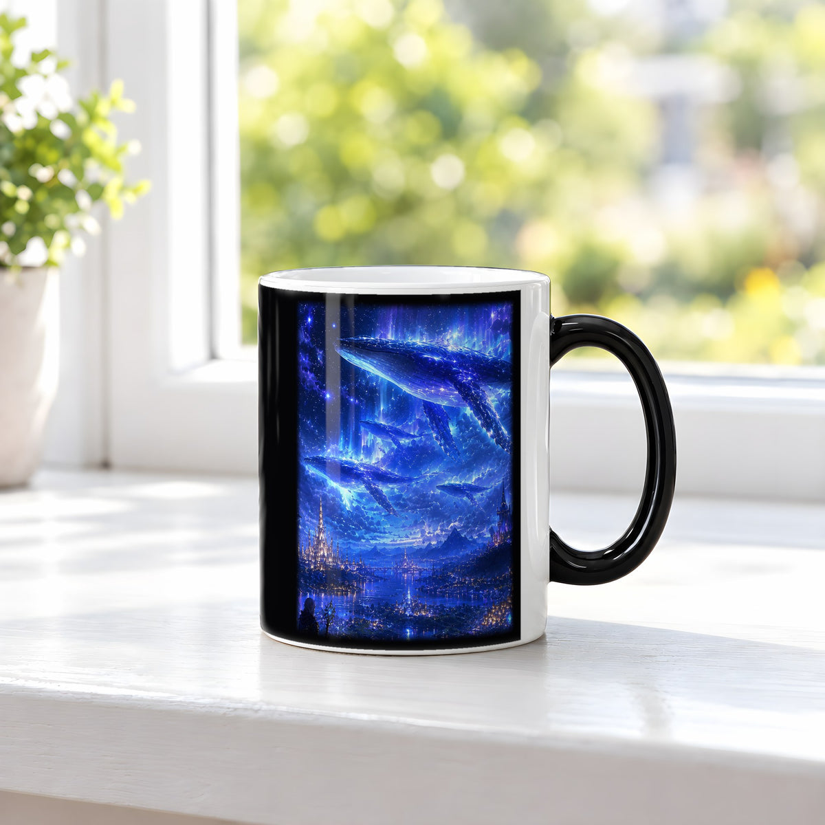 Sternenwale – Black Edition Zaubertasse mit Motiv (heiß), auf der Fensterbank