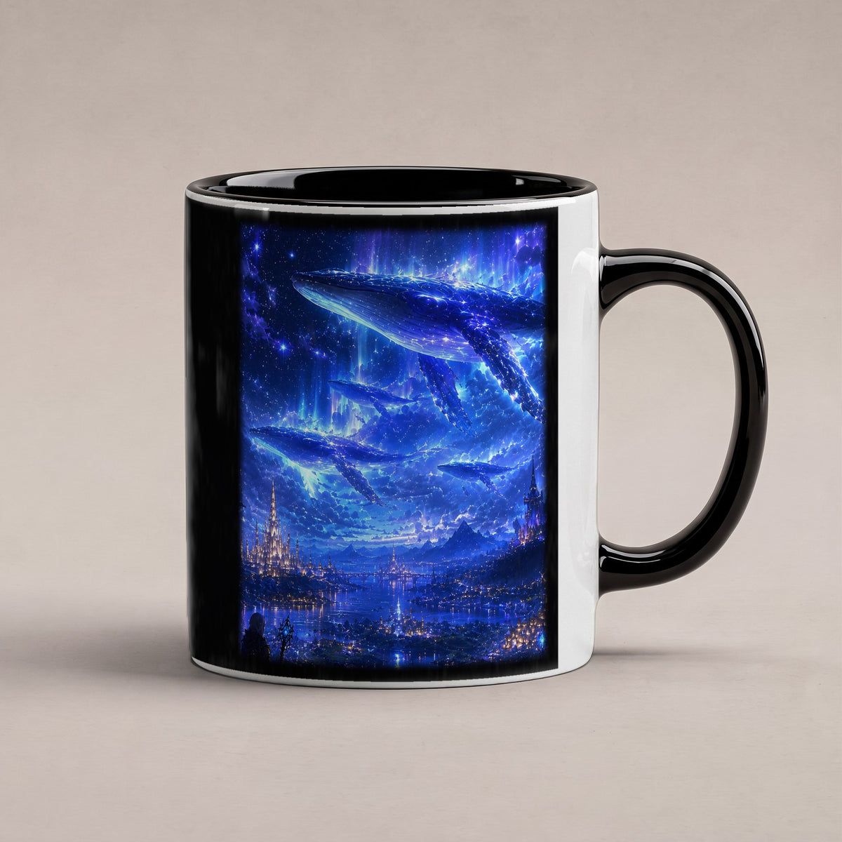 Sternenwale – Tasse innen schwarz, freigestellt