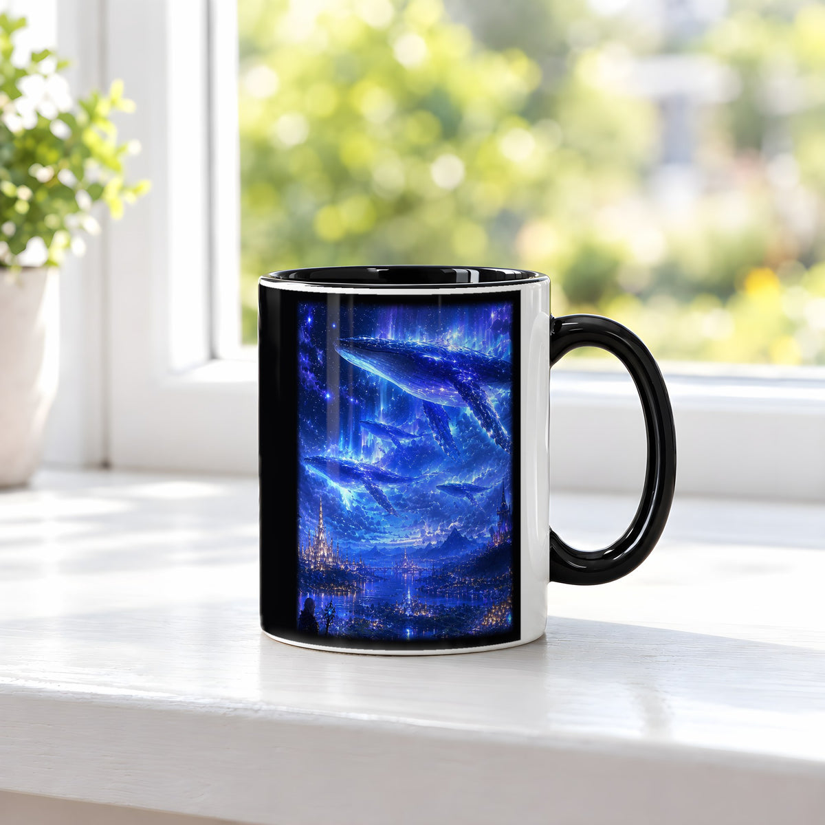 Sternenwale – Tasse innen schwarz, auf der Fensterbank