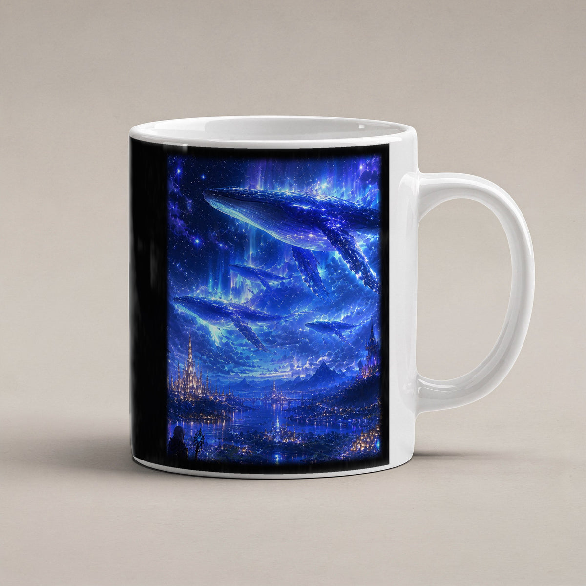 Sternenwale – weiße Tasse, freigestellt