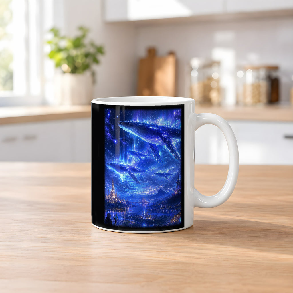 Sternenwale – weiße Tasse, auf dem Küchentresen