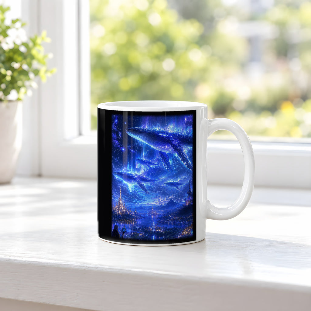 Sternenwale – weiße Tasse, auf der Fensterbank