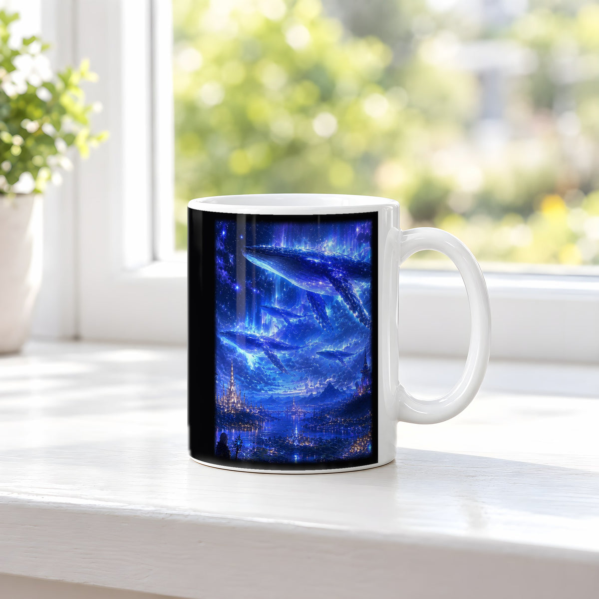 Sternenwale – weiße Tasse, auf der Fensterbank