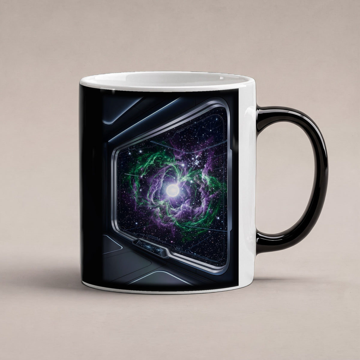 Das Sternenfenster – Black Edition Zaubertasse mit Motiv (heiß), freigestellt
