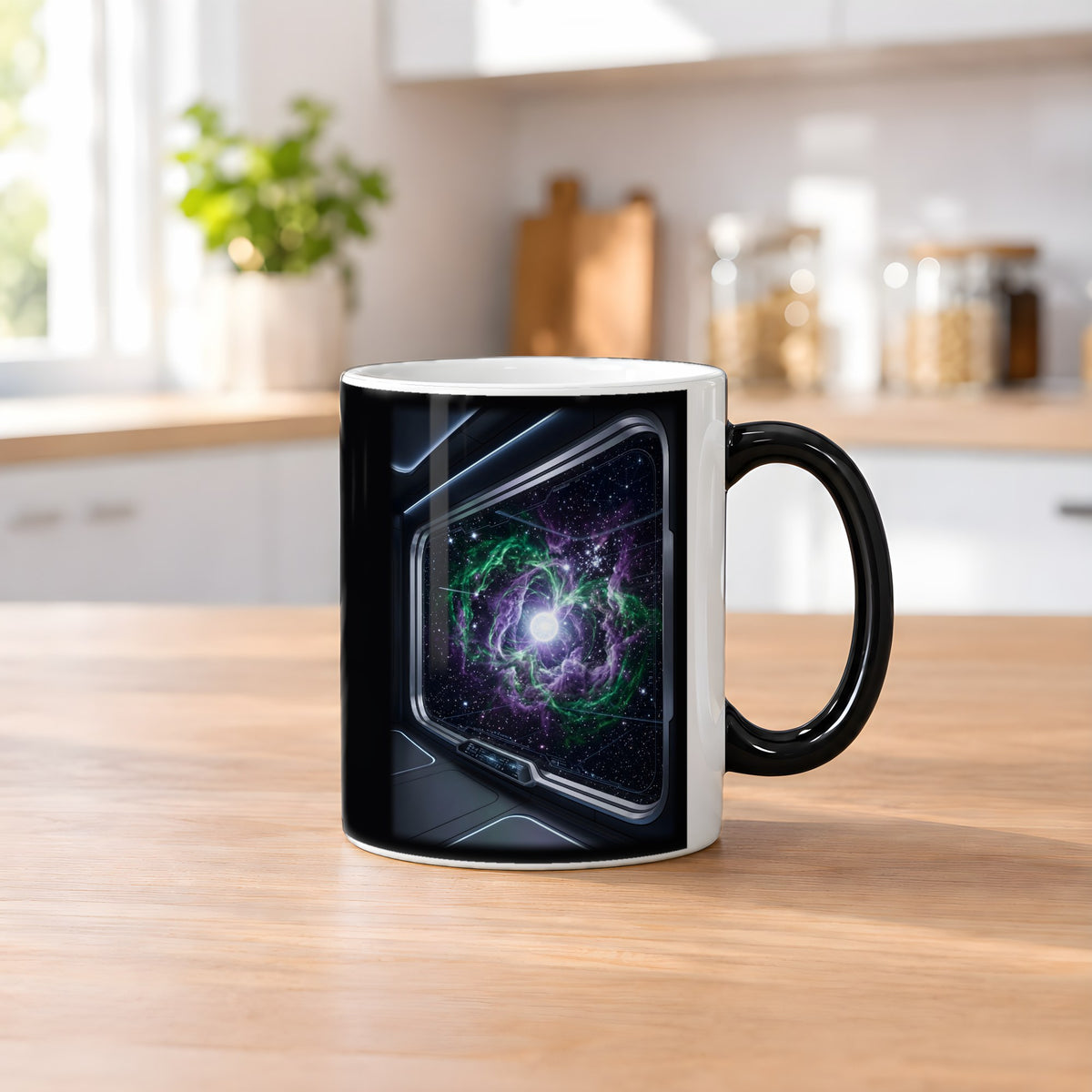 Das Sternenfenster – Black Edition Zaubertasse mit Motiv (heiß), auf dem Küchentresen