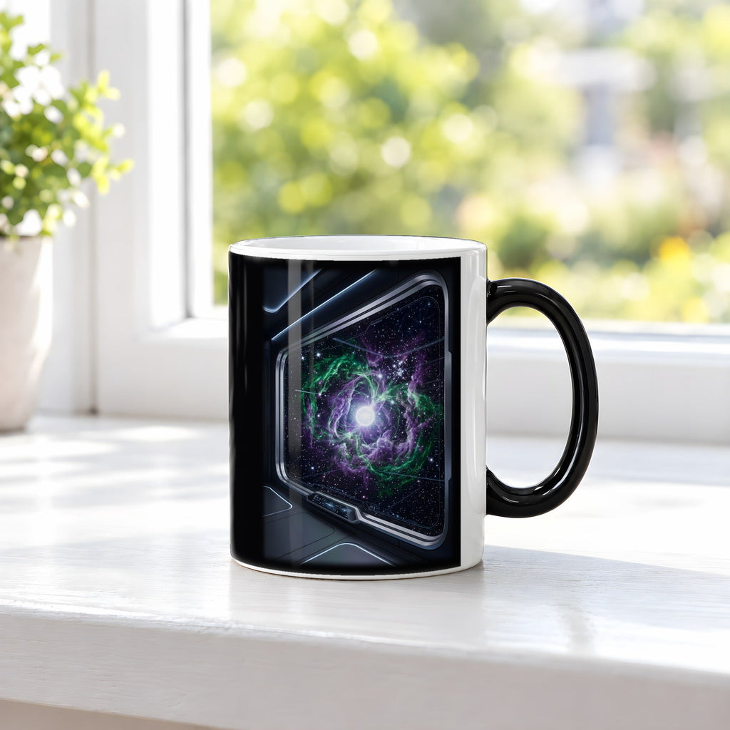 Das Sternenfenster – Black Edition Zaubertasse mit Motiv (heiß), auf der Fensterbank