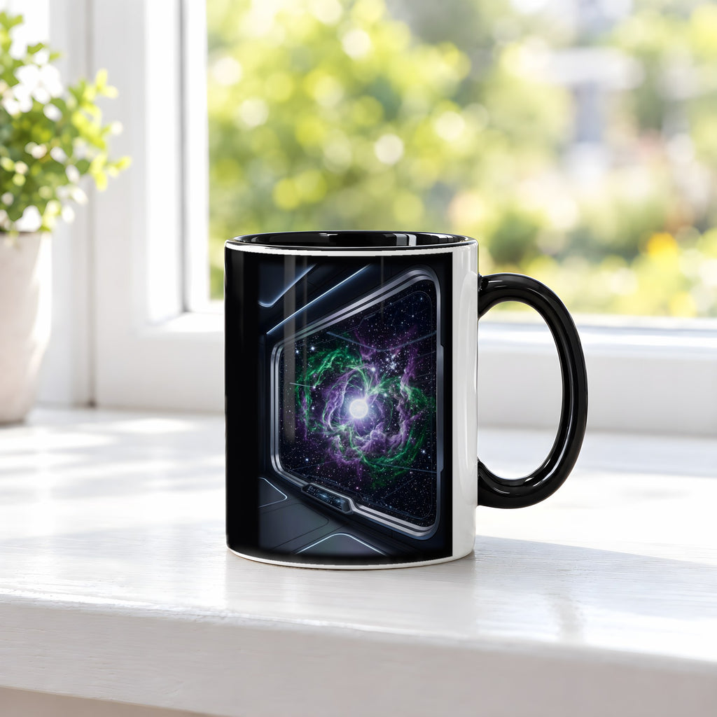 Das Sternenfenster – Tasse innen schwarz, auf der Fensterbank
