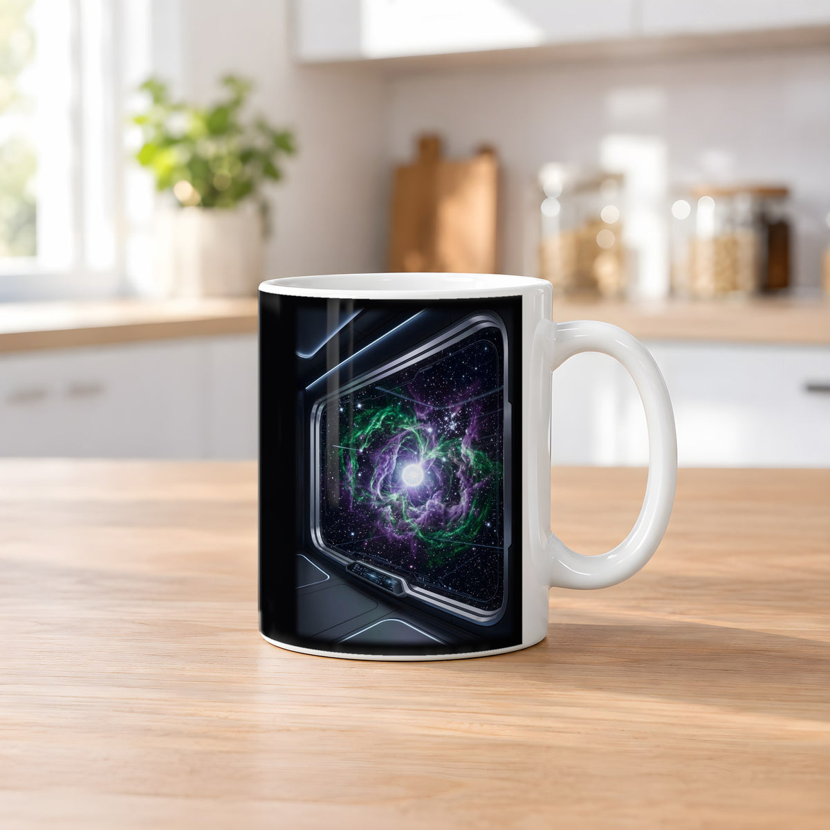 Das Sternenfenster – weiße Tasse, auf dem Küchentresen