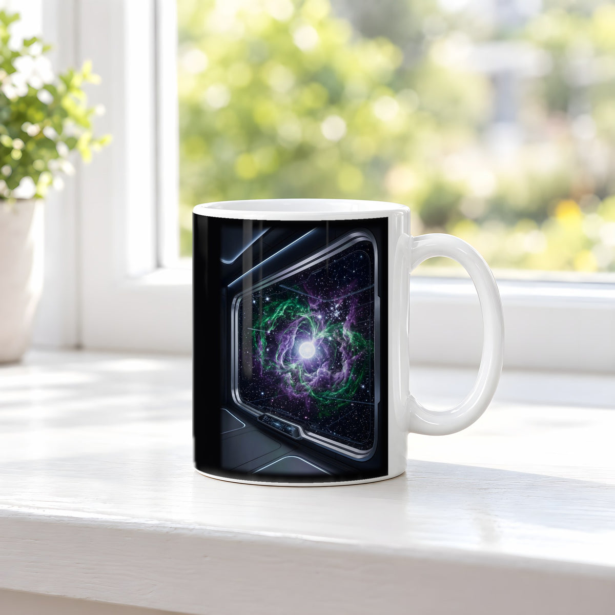 Das Sternenfenster – weiße Tasse, auf der Fensterbank