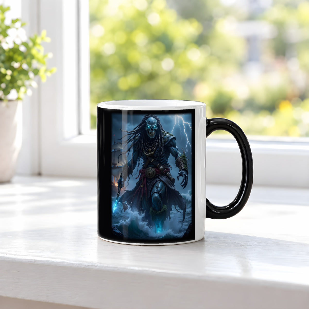 Der Sturmkapitän – Black Edition Zaubertasse mit Motiv (heiß), auf der Fensterbank