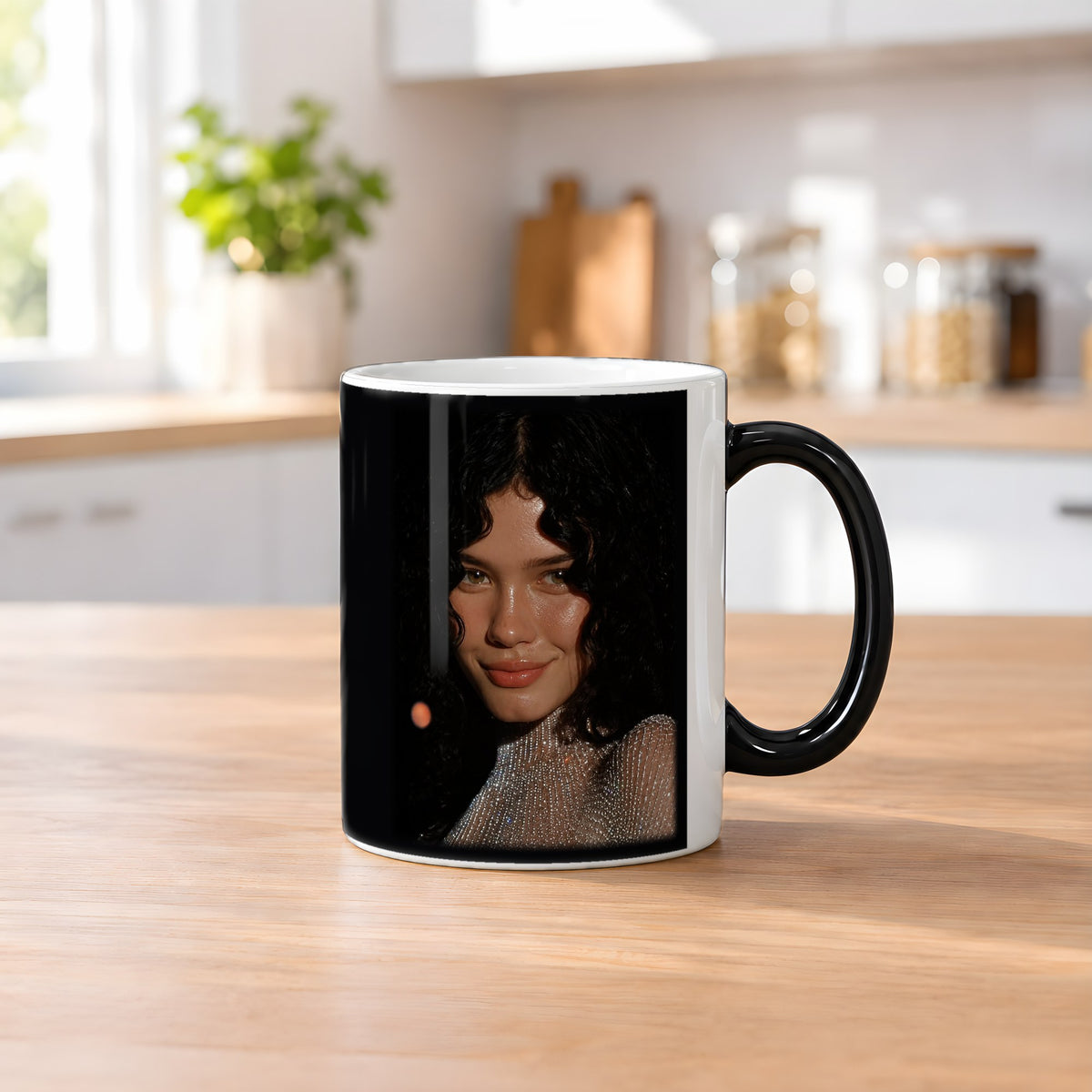 Sternenlächeln – Black Edition Zaubertasse mit Motiv (heiß), auf dem Küchentresen