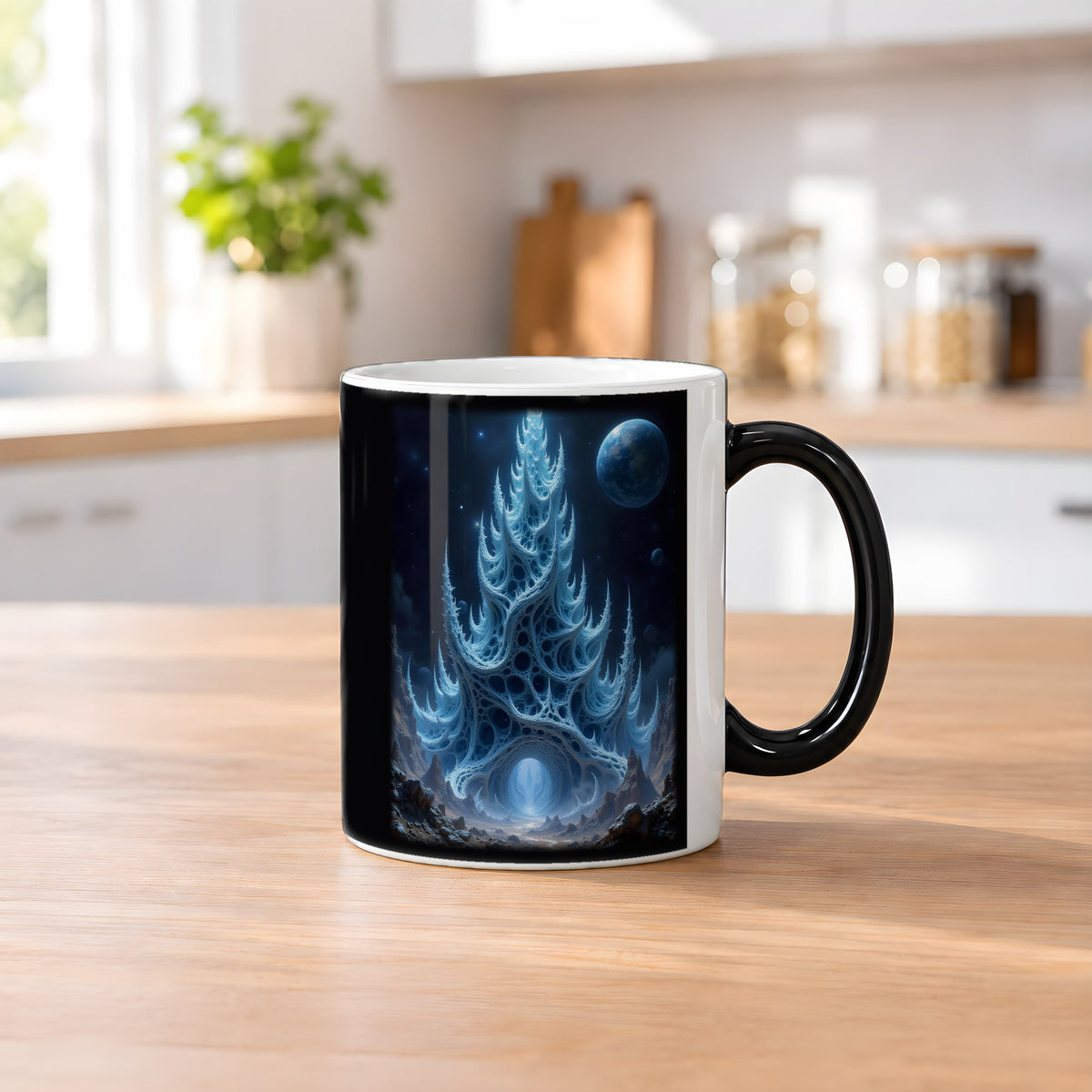 Der Scherbenturm – Black Edition Zaubertasse mit Motiv (heiß), auf dem Küchentresen
