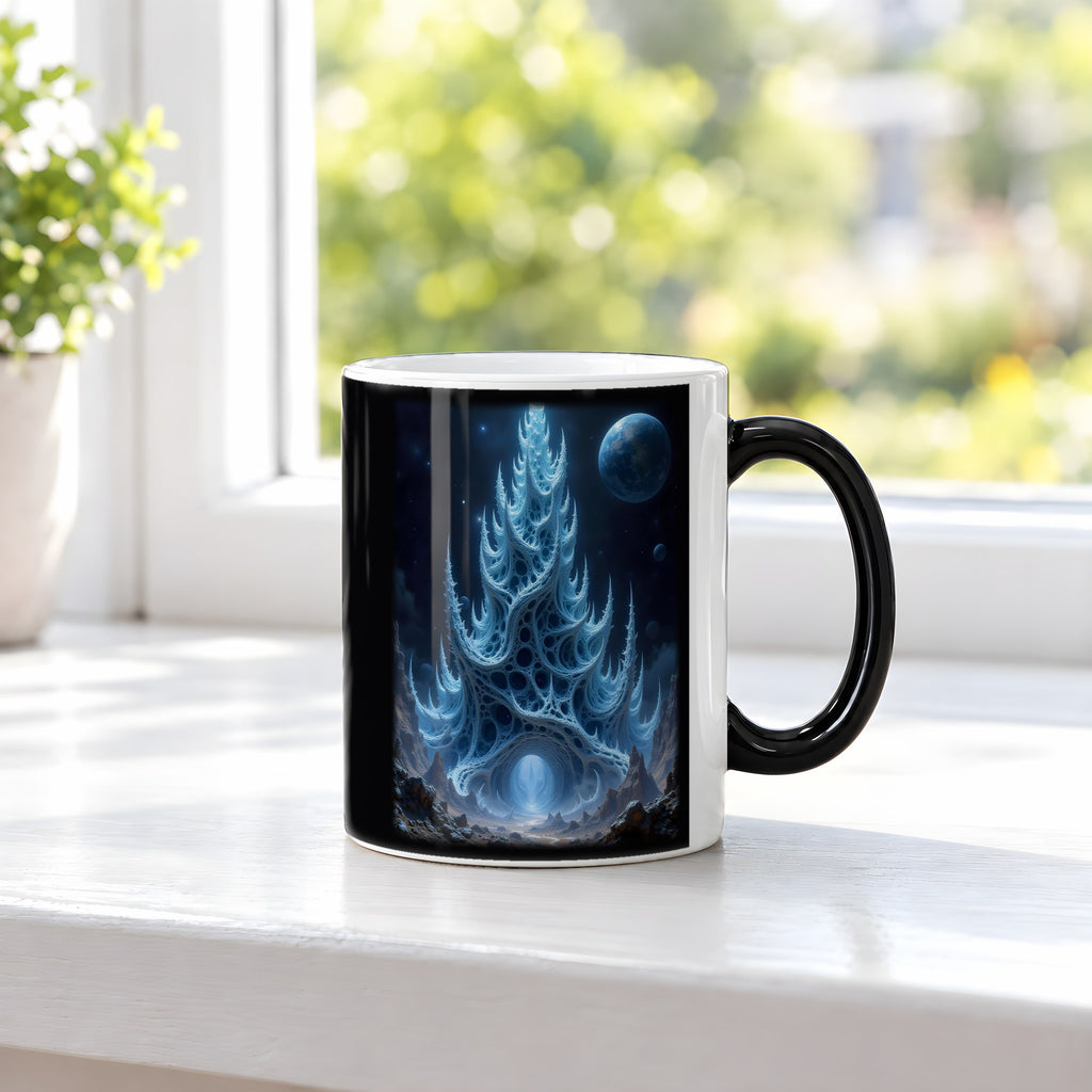 Der Scherbenturm – Black Edition Zaubertasse mit Motiv (heiß), auf der Fensterbank