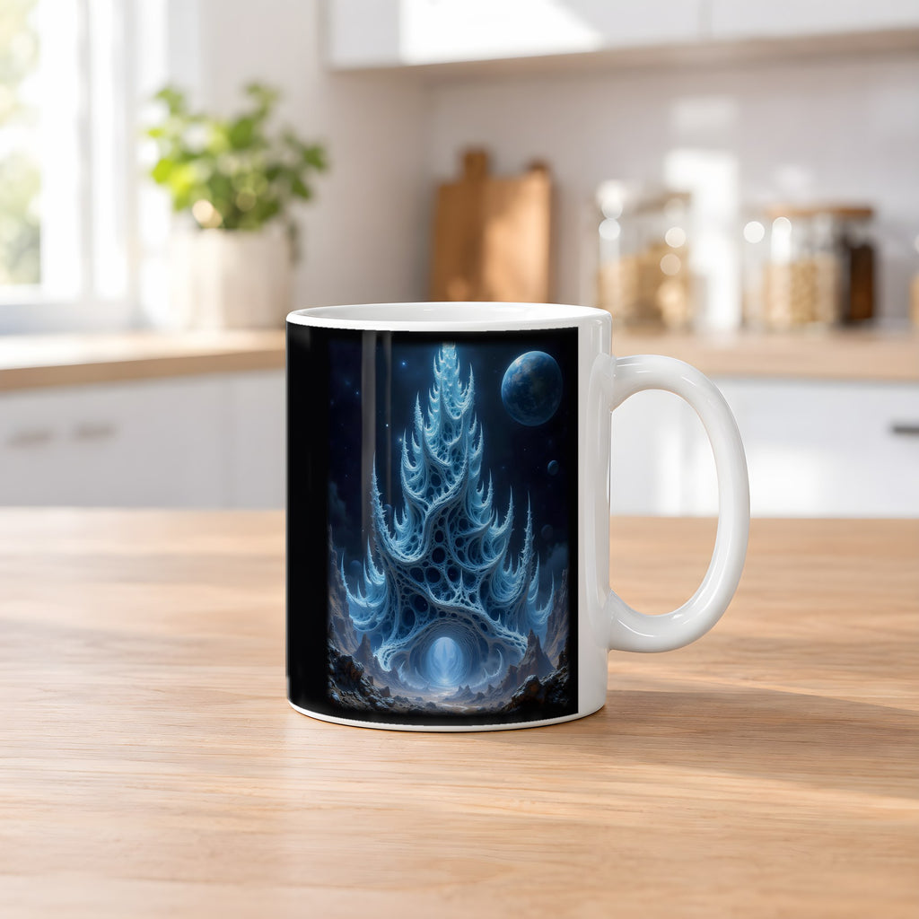 Der Scherbenturm – weiße Tasse, auf dem Küchentresen