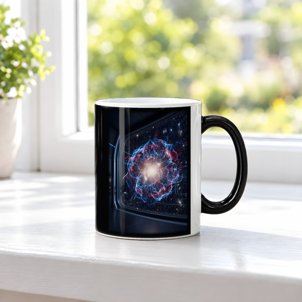 Sternentod – Black Edition Zaubertasse mit Motiv (heiß), auf der Fensterbank