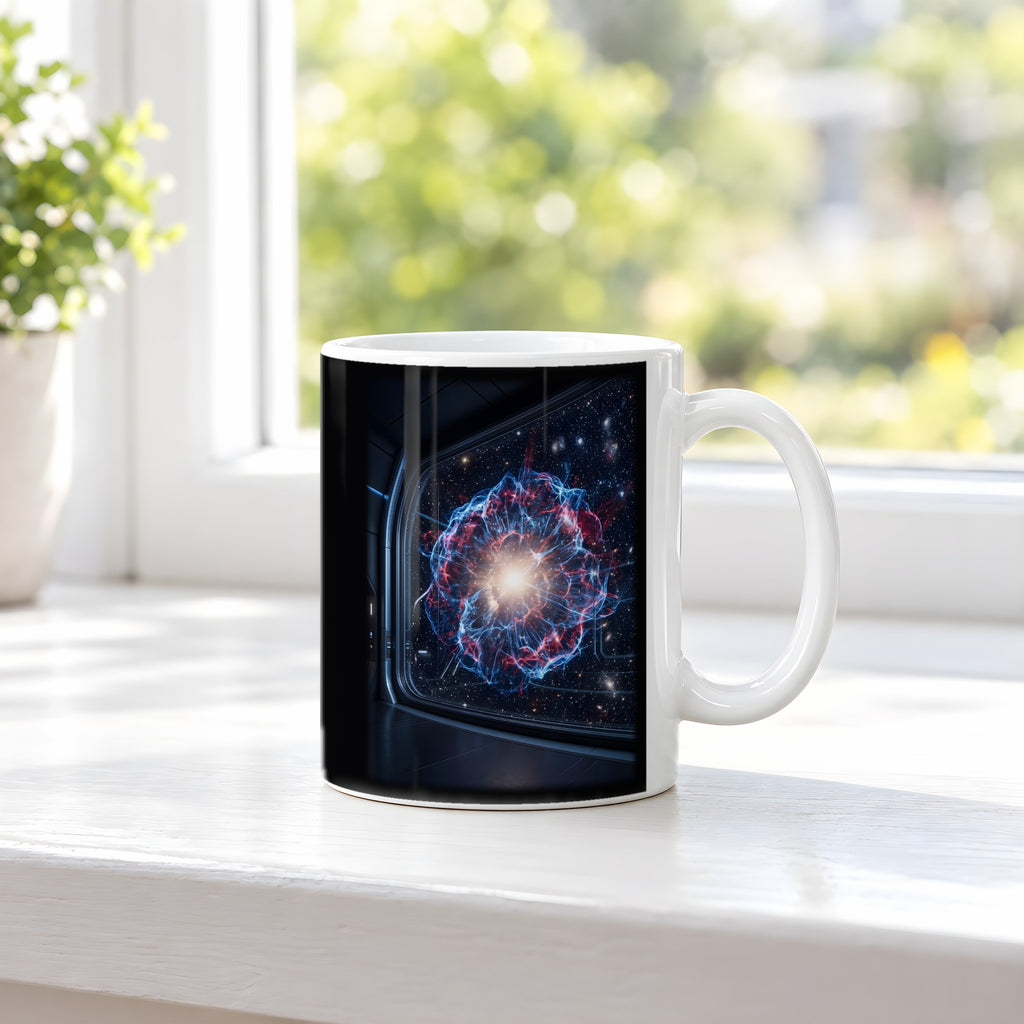 Sternentod – weiße Tasse, auf der Fensterbank