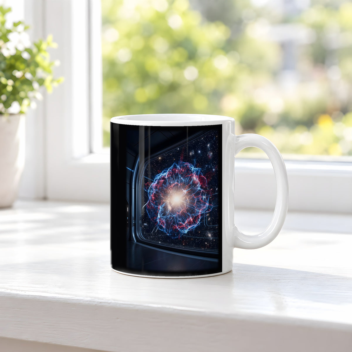 Sternentod – weiße Tasse, auf der Fensterbank
