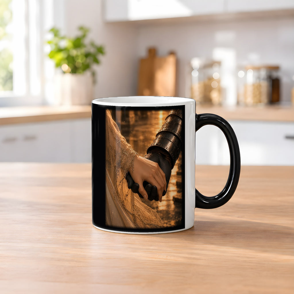 Das stille Versprechen – Black Edition Zaubertasse mit Motiv (heiß), auf dem Küchentresen