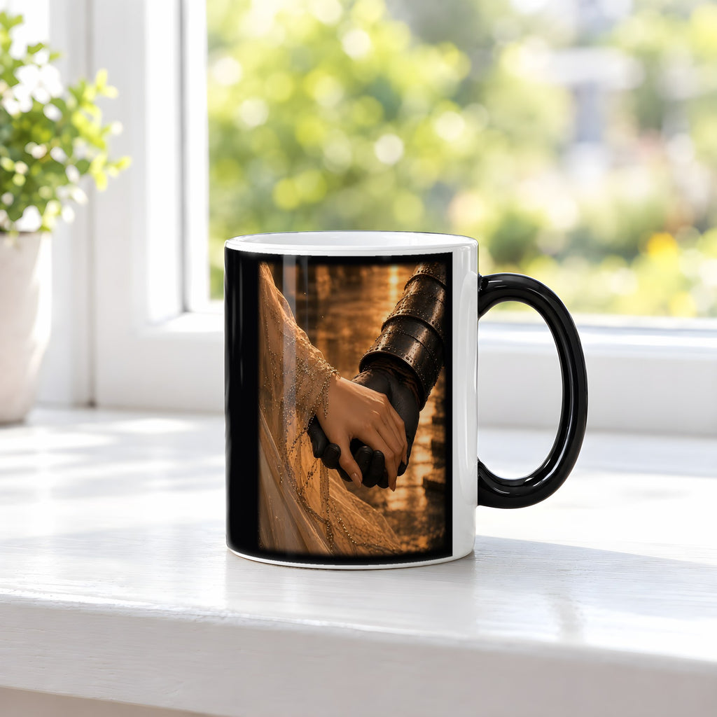 Das stille Versprechen – Black Edition Zaubertasse mit Motiv (heiß), auf der Fensterbank